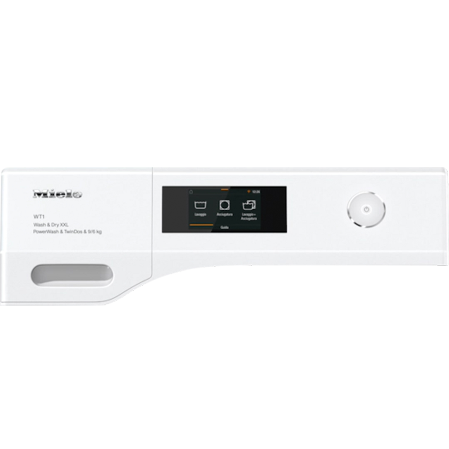 Un pannello di controllo della lavatrice Miele bianco con schermo e pulsanti, icone visibili.