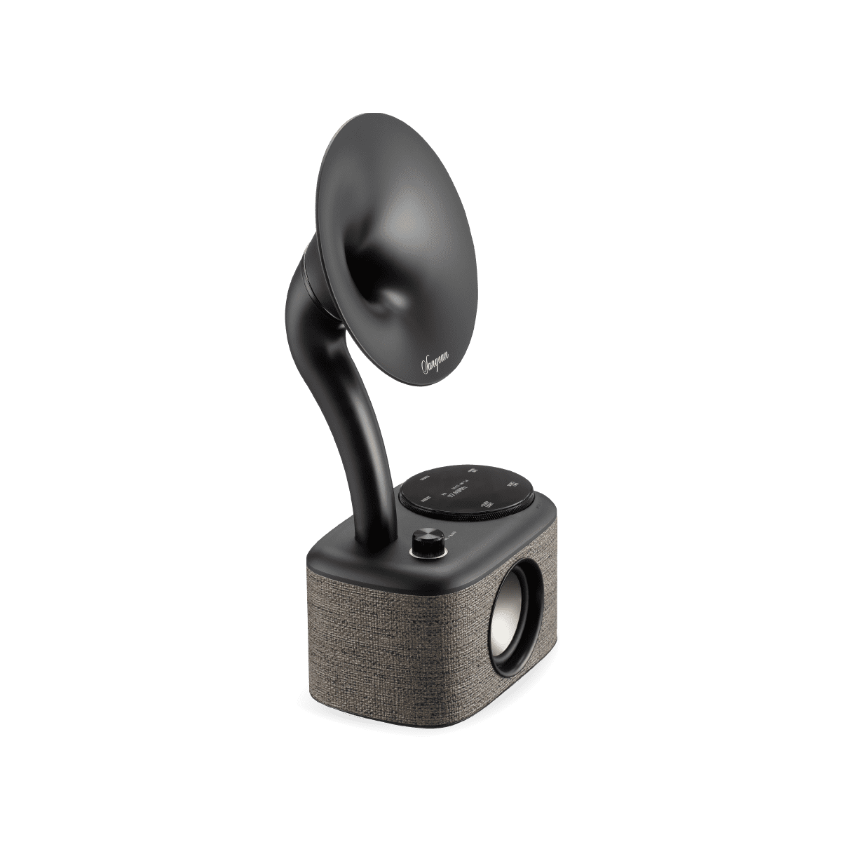 Schwarzer und grauer Lautsprecher im Grammophon-Stil mit großem Horn und Retro-Design auf dunklem Hintergrund.