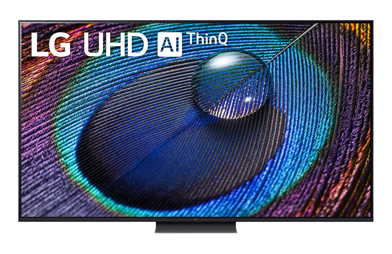 LG-Fernseher mit Pfauenfeder-Bild. 'LG UHD AI ThinQ' wird angezeigt.
