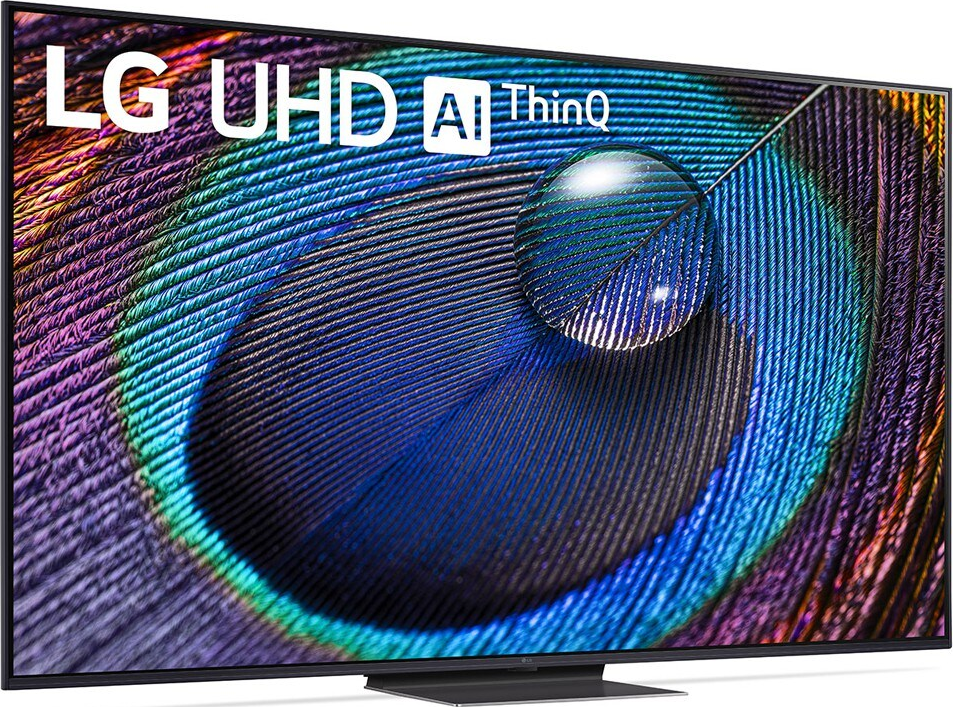 LG UHD AI ThinQ TV, Pfauenfedern-Detail auf dem Bildschirm, schwarzer Rahmen und Standfuß. Nahaufnahme.