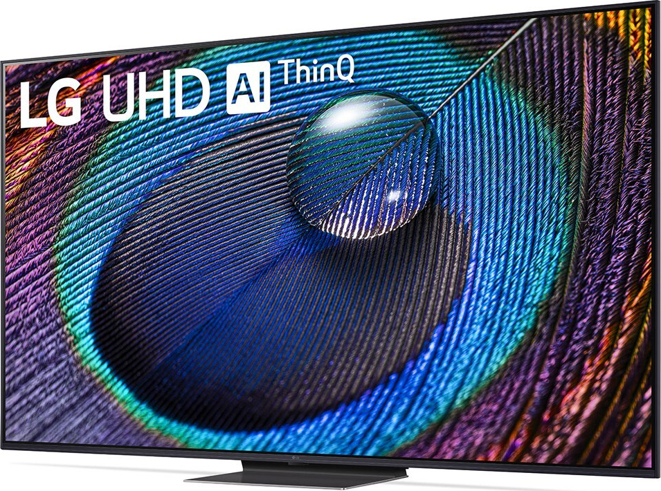 Ein großer LG Fernseher zeigt eine Nahaufnahme einer Pfauenfeder mit Wassertropfen.