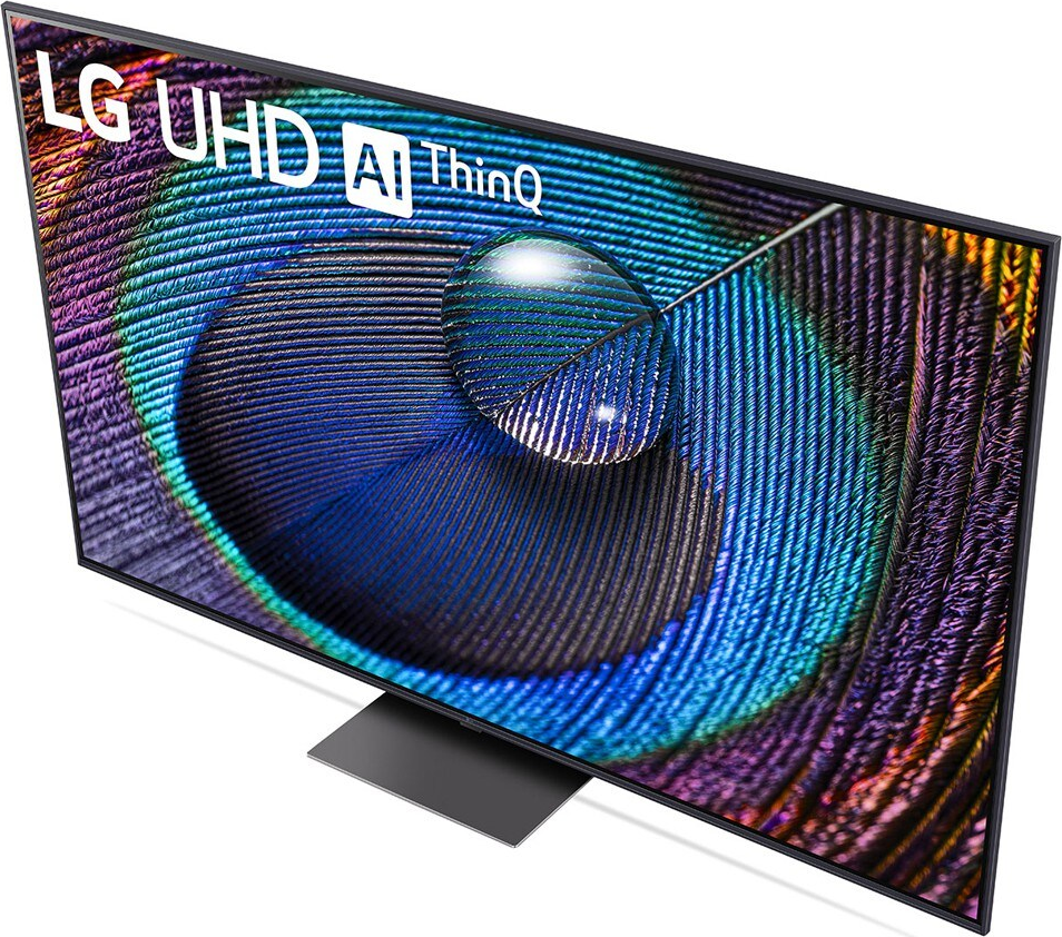 Draufsicht auf einen modernen LG-Fernseher, Pfauenmuster.