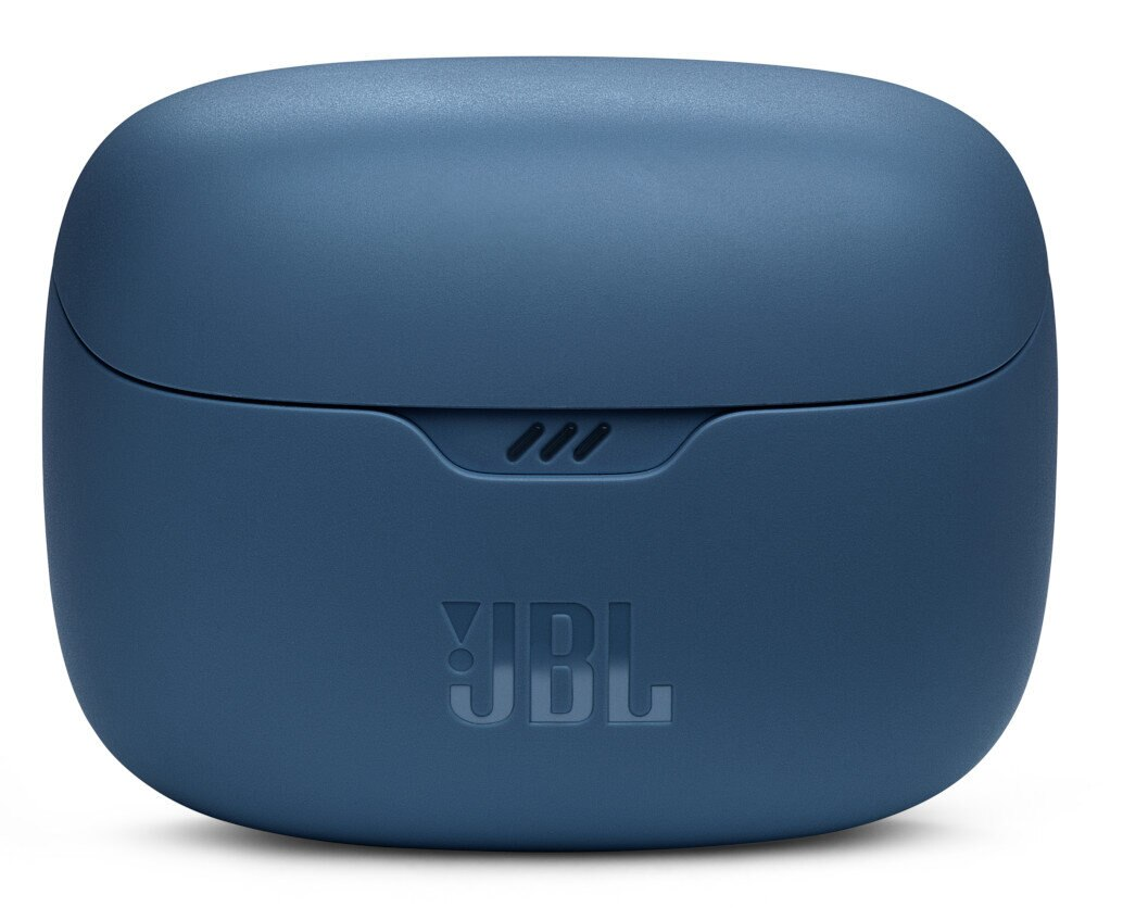 Niebieskie etui ładujące JBL, zaokrąglony kształt, wytłoczone logo JBL, białe tło.