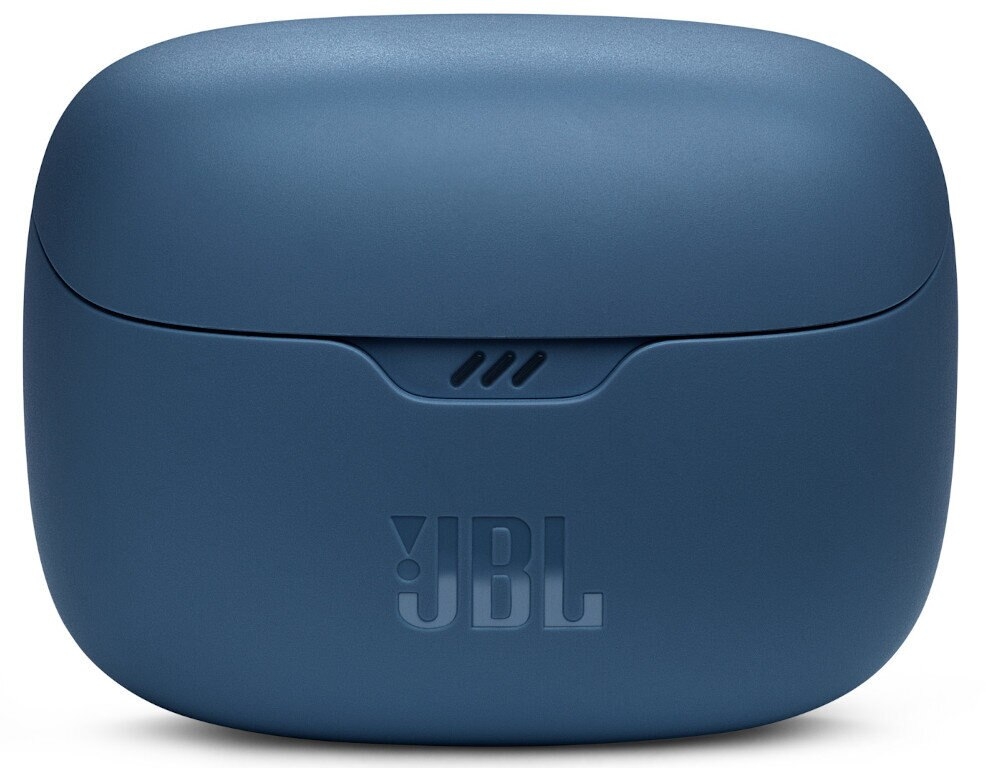 Niebieskie etui ładujące do słuchawek bezprzewodowych JBL z logo JBL.