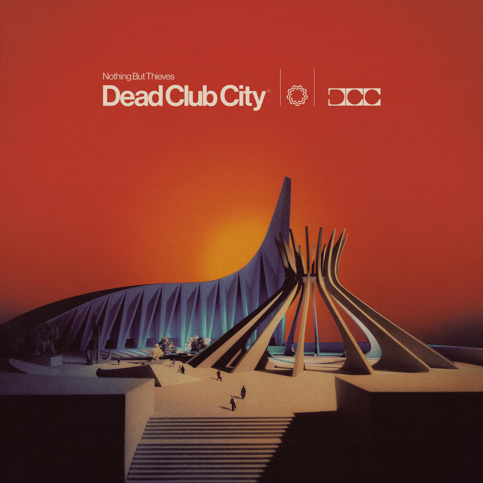 Album borító: Modern épület, piros ég. Cím: Dead Club City, Nothing But Thieves.