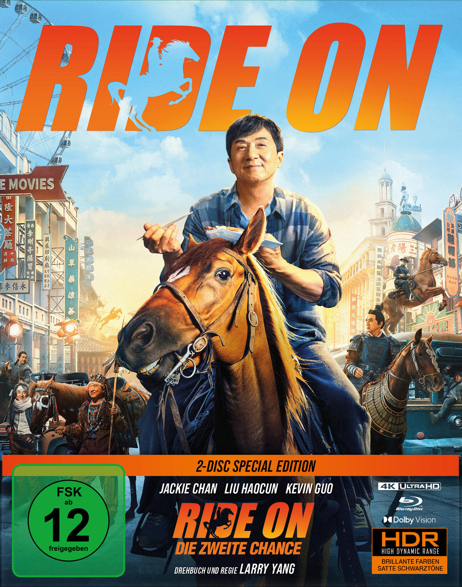 Filmcover: Ride On. Jackie Chan auf einem Pferd, weitere Pferde im Hintergrund.