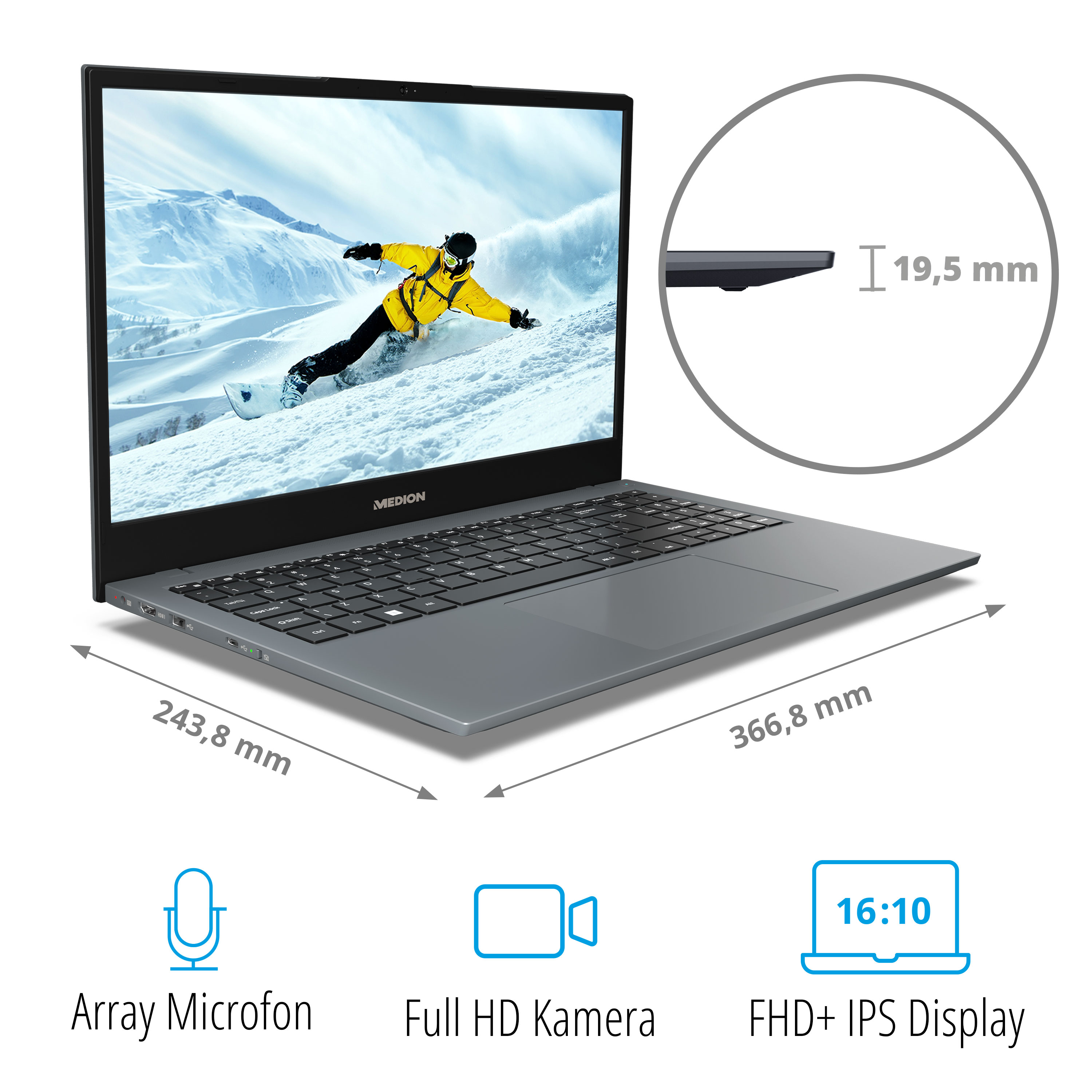 Ein Laptop mit einer schneebedeckten Berglandschaft auf dem Bildschirm. Abmessungen sind um den Laptop herum dargestellt.