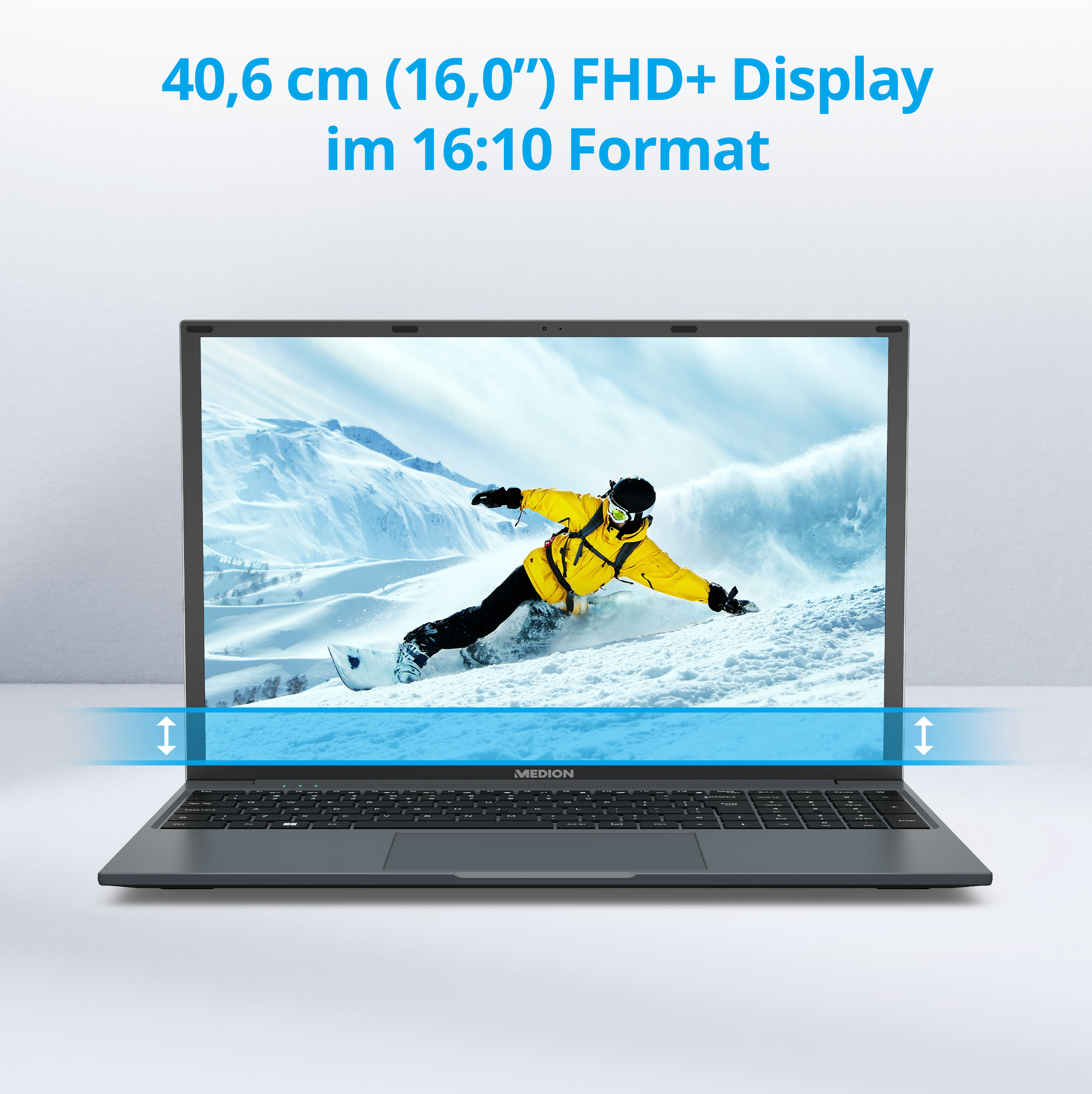 Laptop mit Snowboarder auf schneebedecktem Berg. Text: 40,6 cm (16,0") FHD+ Display.