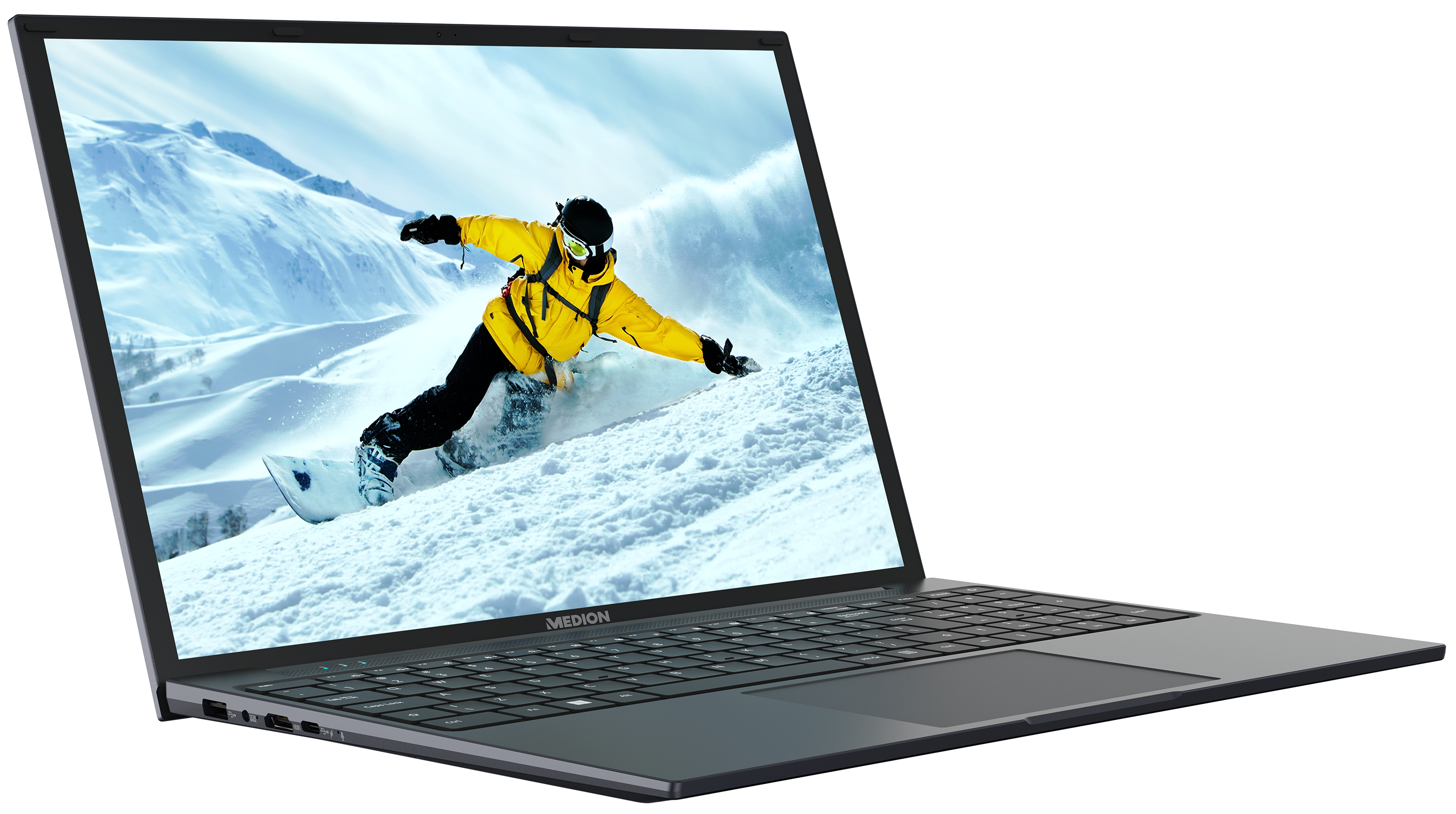 Laptop mit Bildschirm mit Snowboarder auf verschneitem Berg.