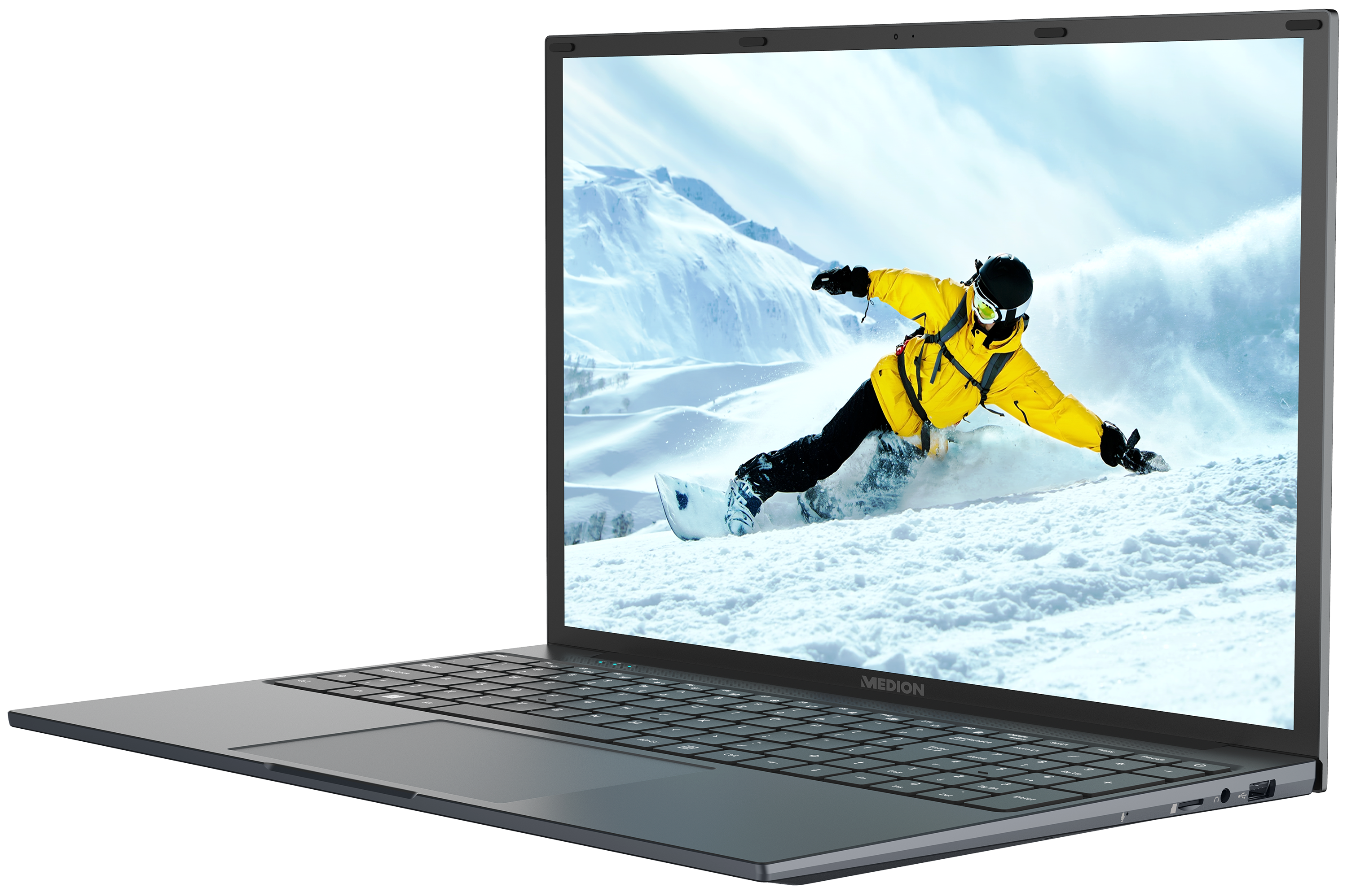 Laptop-Bildschirm, der einen Snowboarder auf einer schneebedeckten Berghang zeigt, mit gelber Jacke.