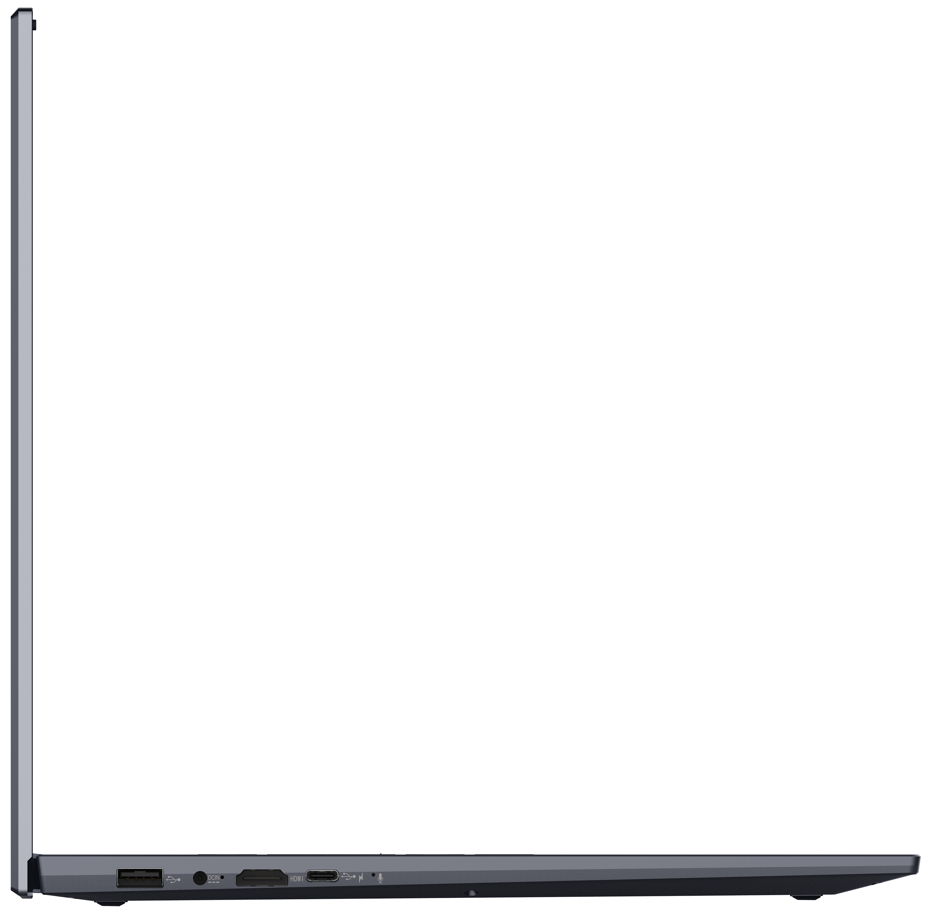 Seitenansicht eines silbernen Laptops mit schwarzem Bildschirm. Die Seite zeigt Anschlüsse.