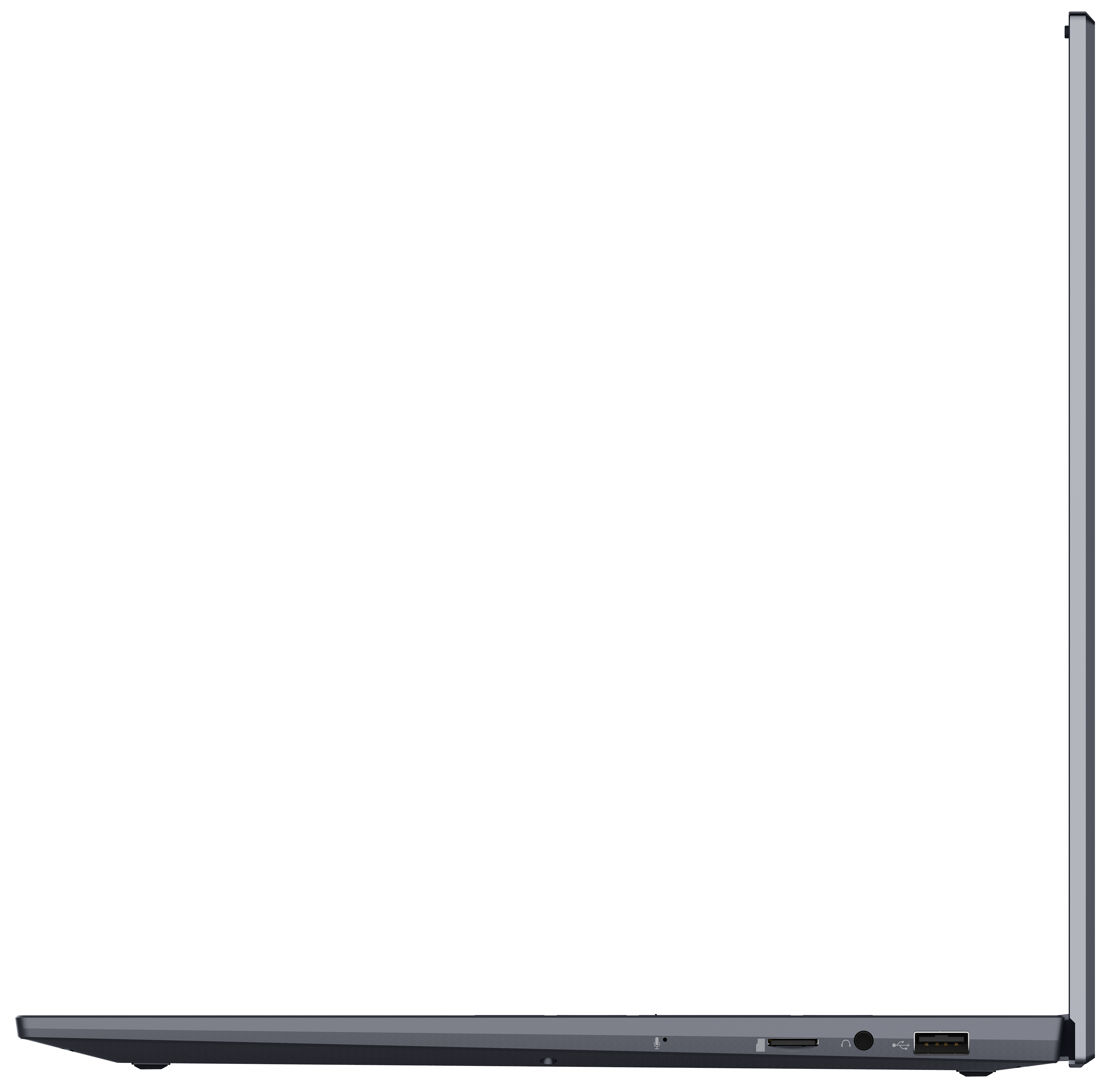 Eine Seitenansicht eines silbernen Laptops auf schwarzem Hintergrund, zeigt die Seite mit Anschlüssen.