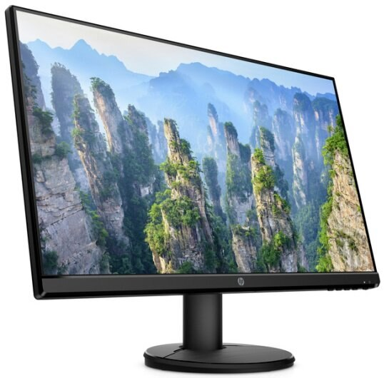 Monitor HP wyświetlający malowniczy krajobraz górski.