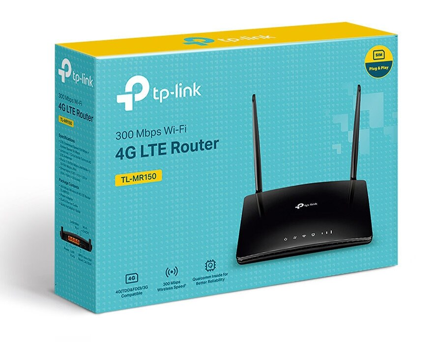 Pudełko routera TP-Link 4G LTE. Zawiera router, anteny i specyfikacje produktu.