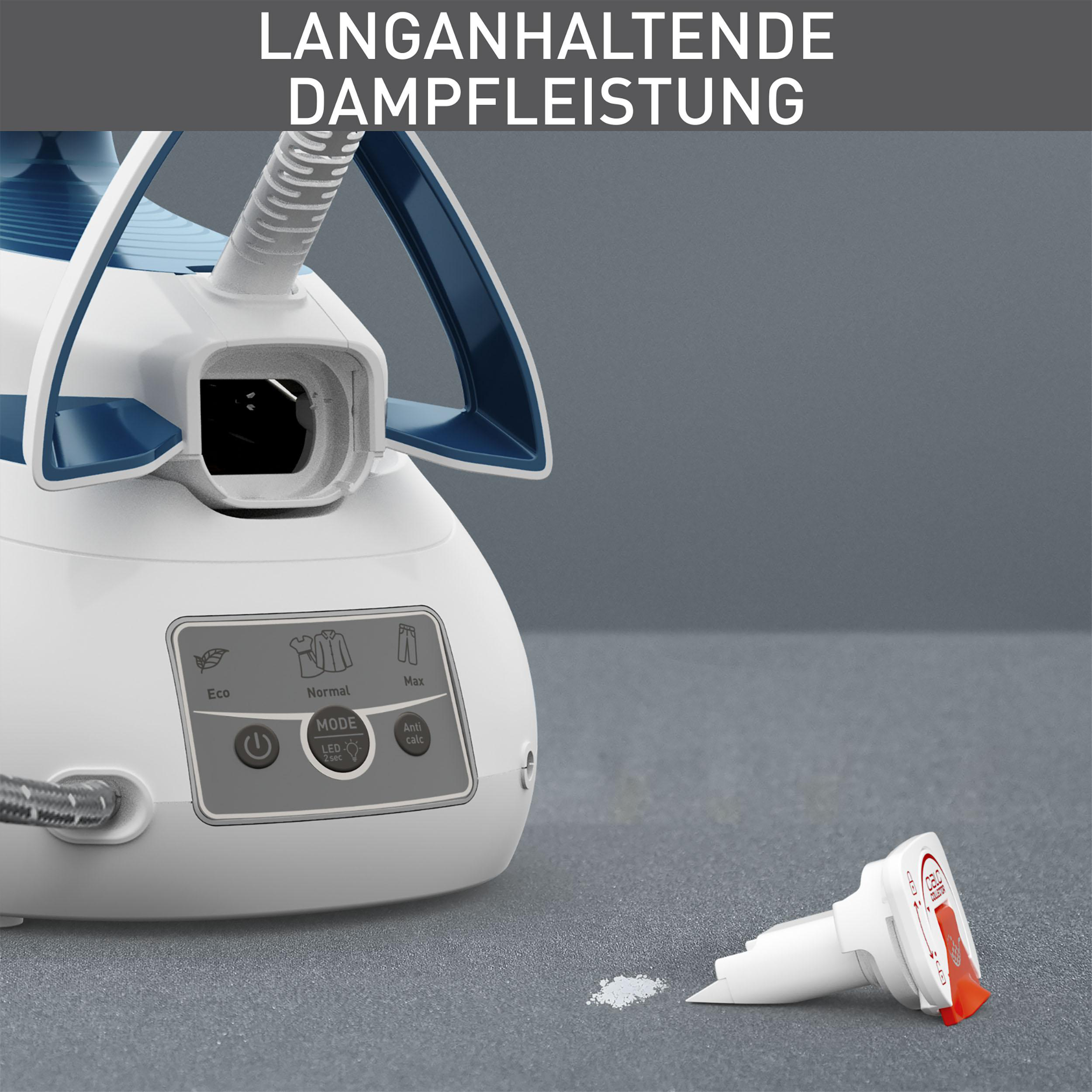 Weißes und blaues Dampfbügeleisen mit Knöpfen, weißes Pulver und Text: 'Lang anhaltende Dampfleistung'.
