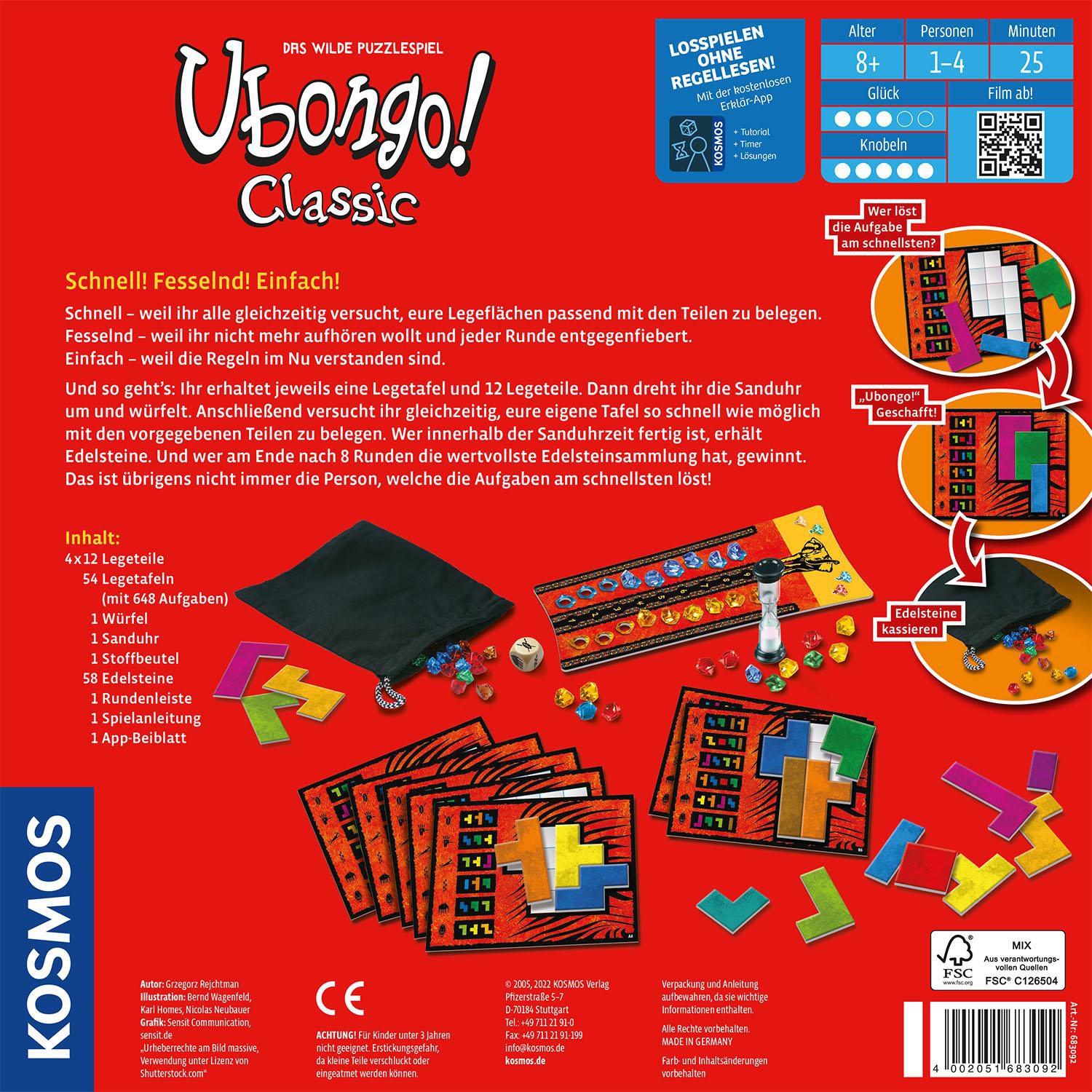 Ubongo Classic Spielbox. Brettspiel mit Anleitung, Spielsteinen und Puzzleteilen.