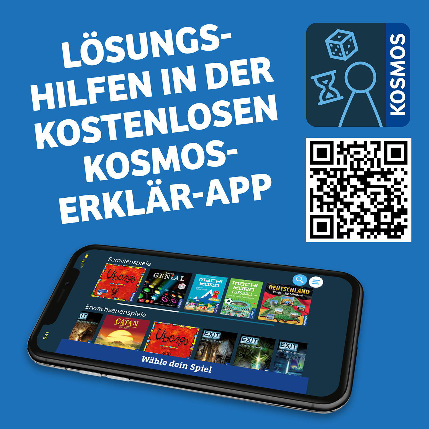 Ein Smartphone zeigt einen Spielauswahlbildschirm mit Text zur Werbung für eine App.