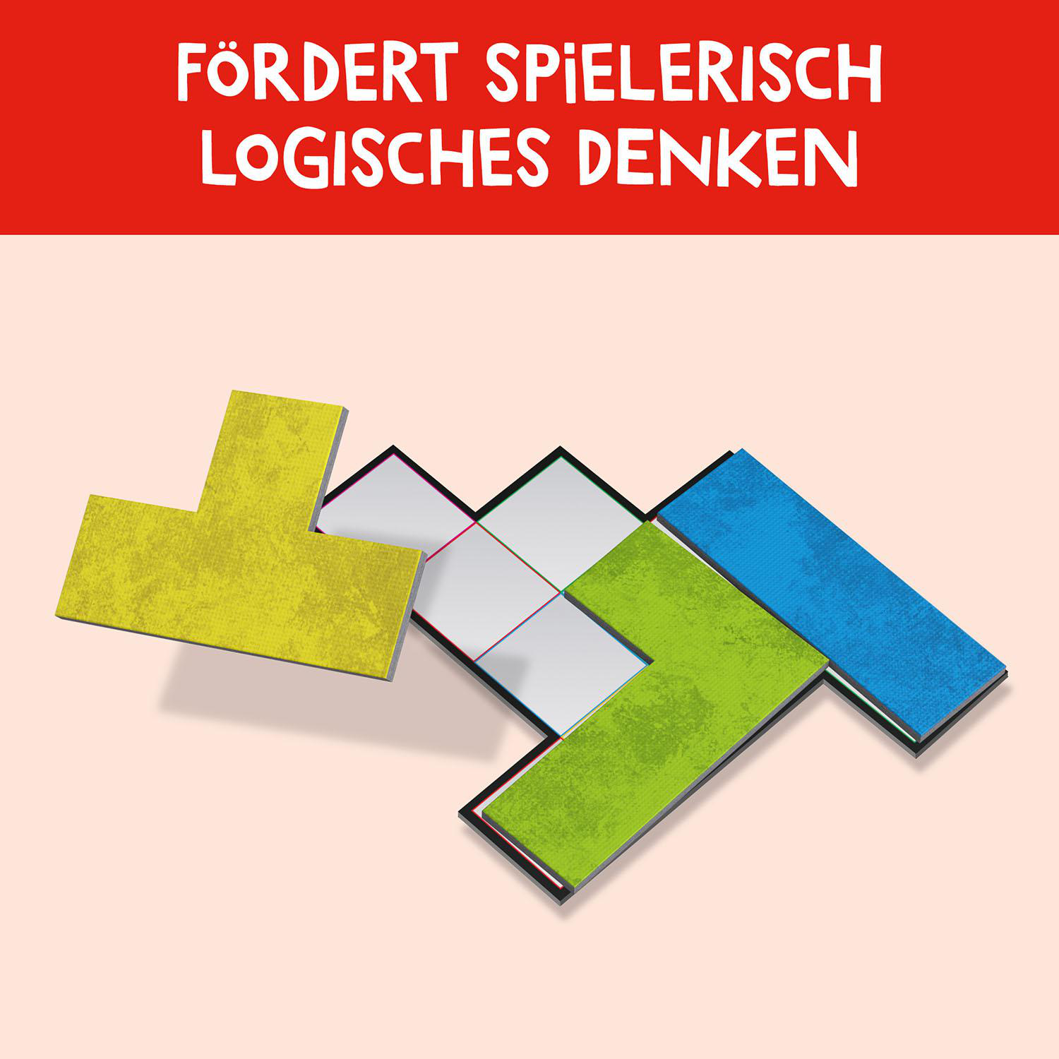 Ein Puzzle mit bunten Formen und Text auf Deutsch: 'Fördert spielerisch logisches Denken'.