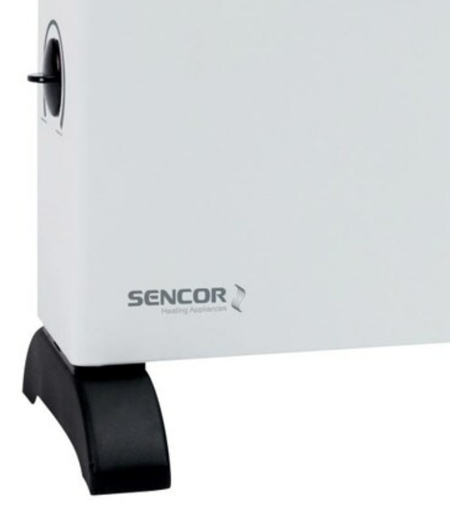 Fehér elektromos fűtőtest fekete lábakkal. SENCOR logó az oldalon.