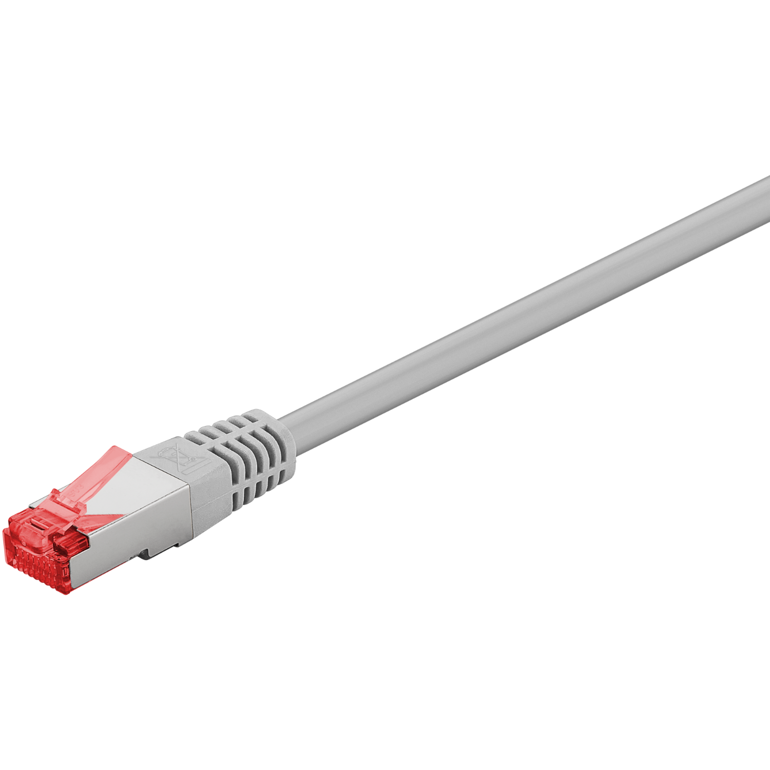 A gray Ethernet cable with a red connector. The cable is on a black background.