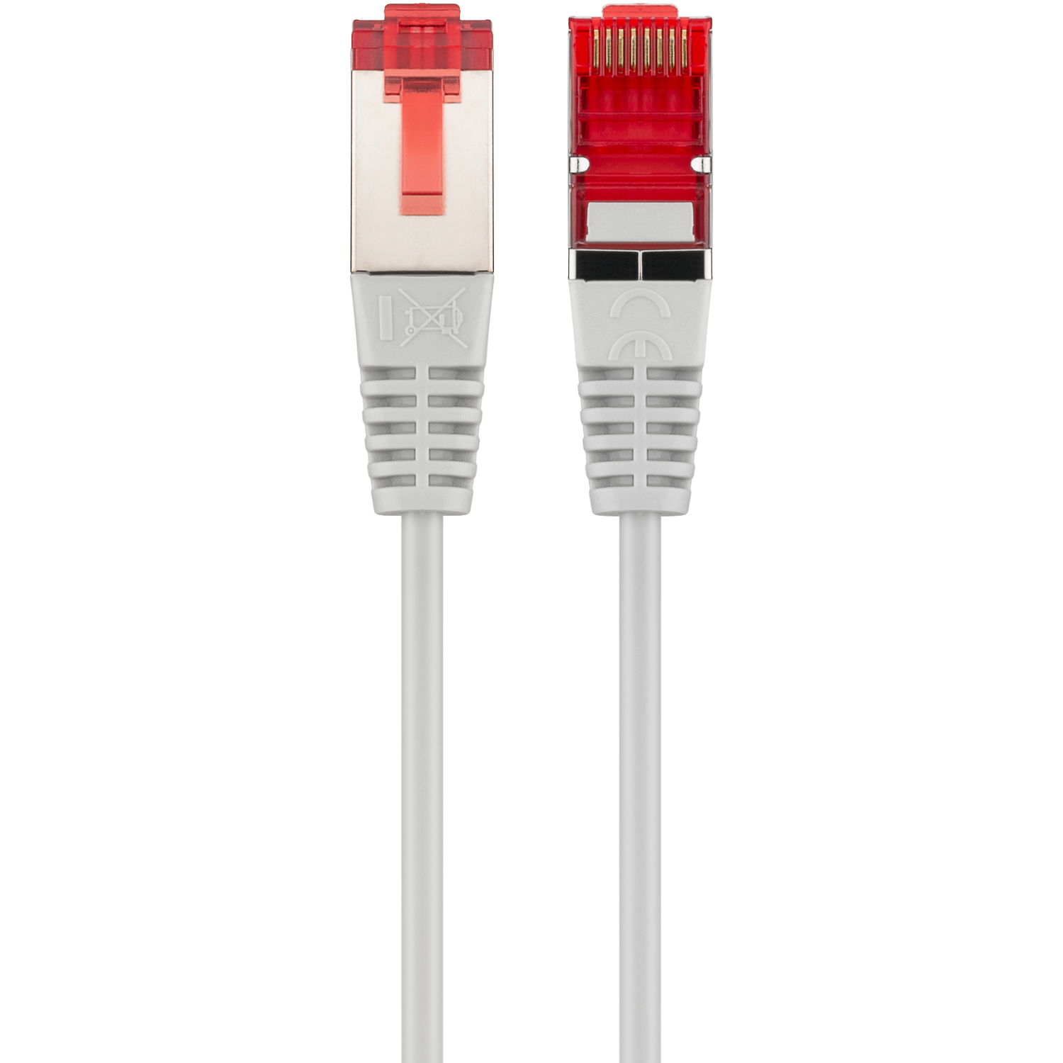 Two gray network cables with red connectors, side by side, against a black background.