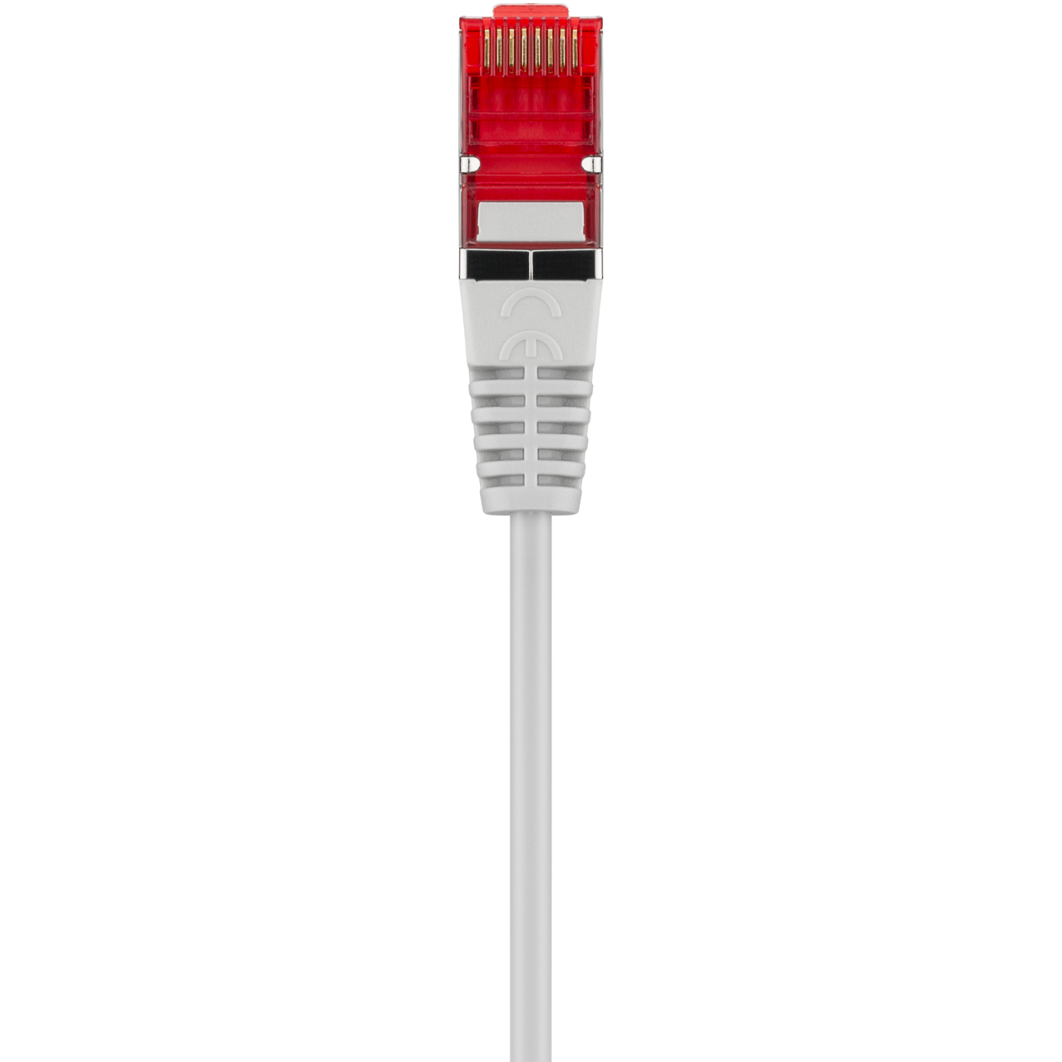 Close up of an Ethernet cable with a red connector and a white cable.
