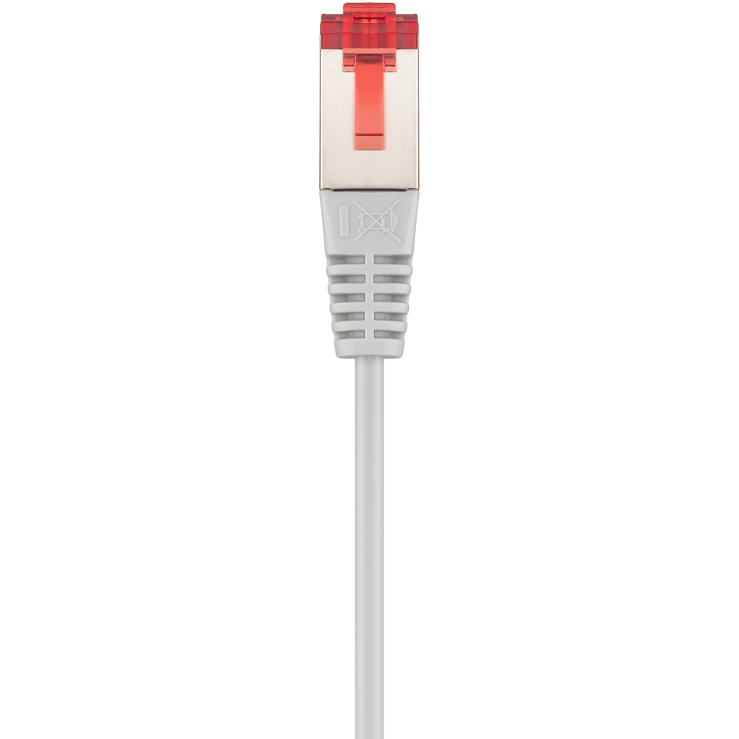 White ethernet cable with a red and silver connector. The cable is against a black background.