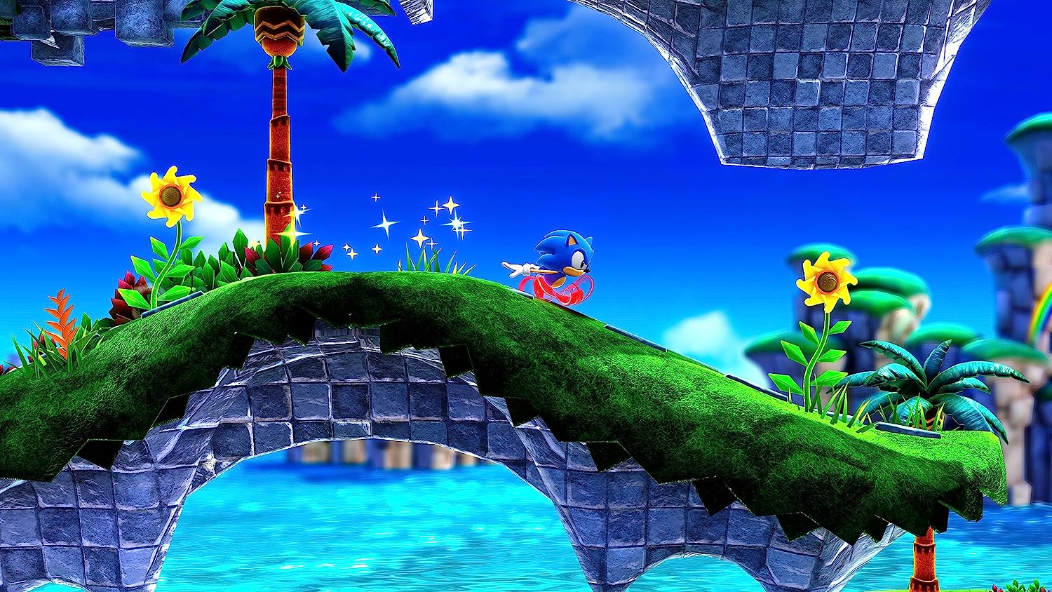 Sonic the Hedgehog corriendo sobre un puente con un cielo azul.