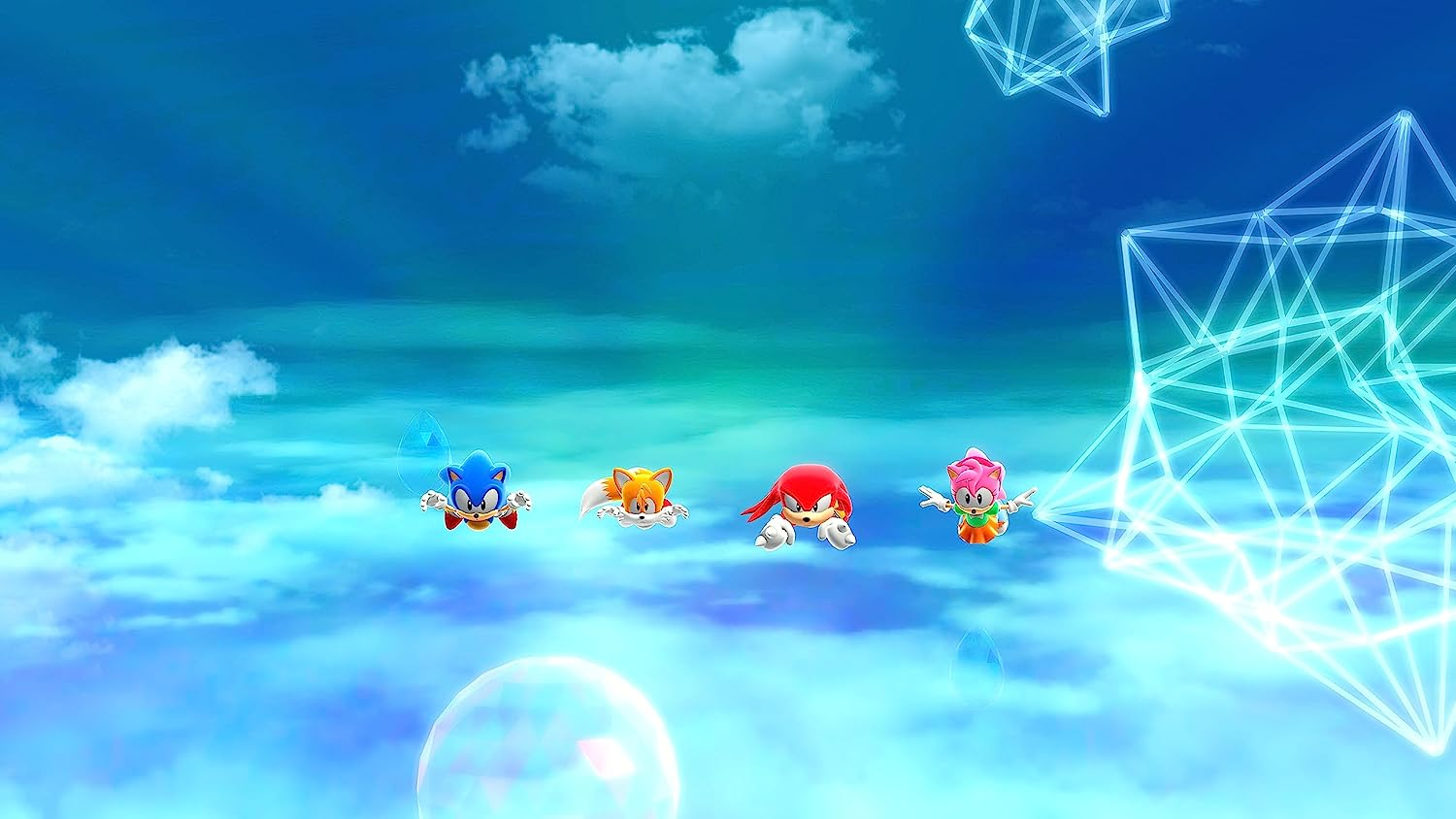 Sonic, Tails, Knuckles y Amy Rose volando en un cielo con un fondo azul y blanco.