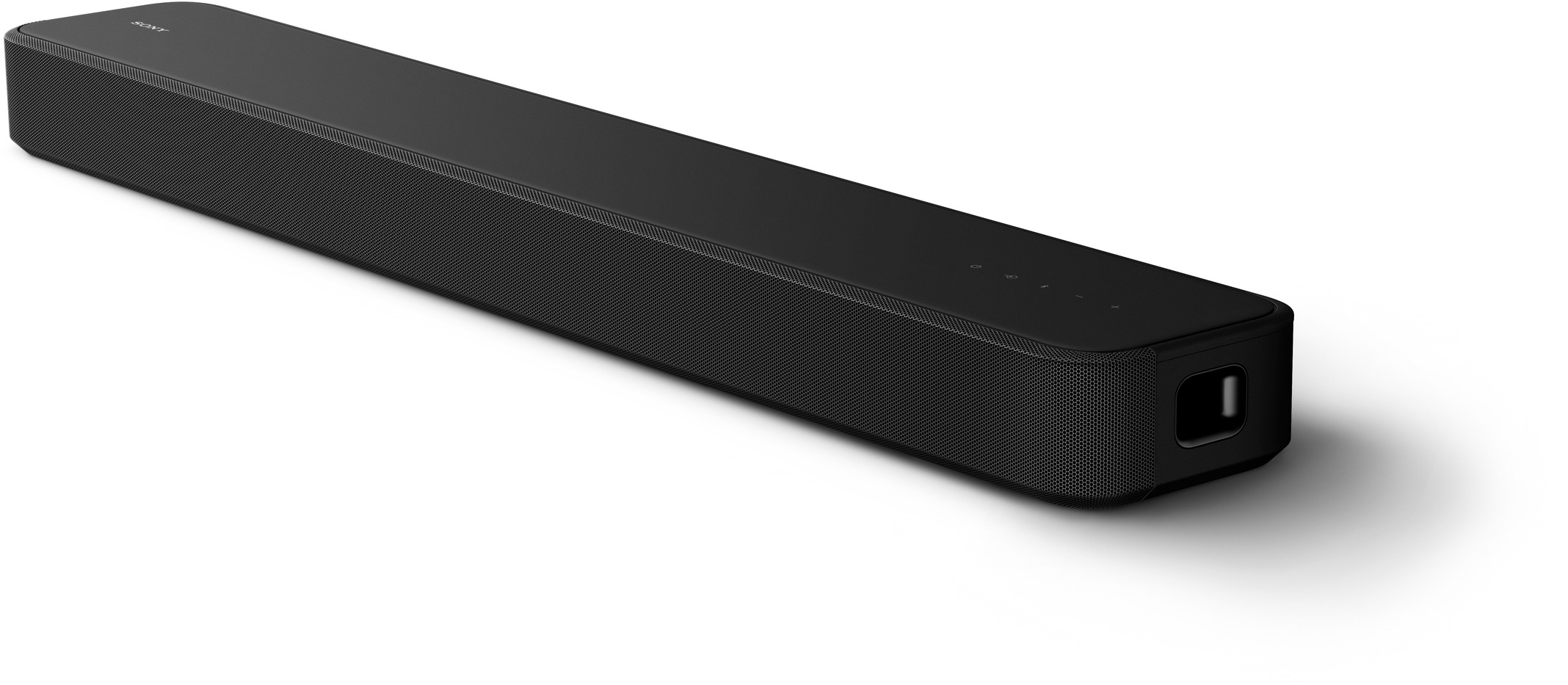 Fekete Sony soundbar fehér felületen. A soundbar téglalap alakú.