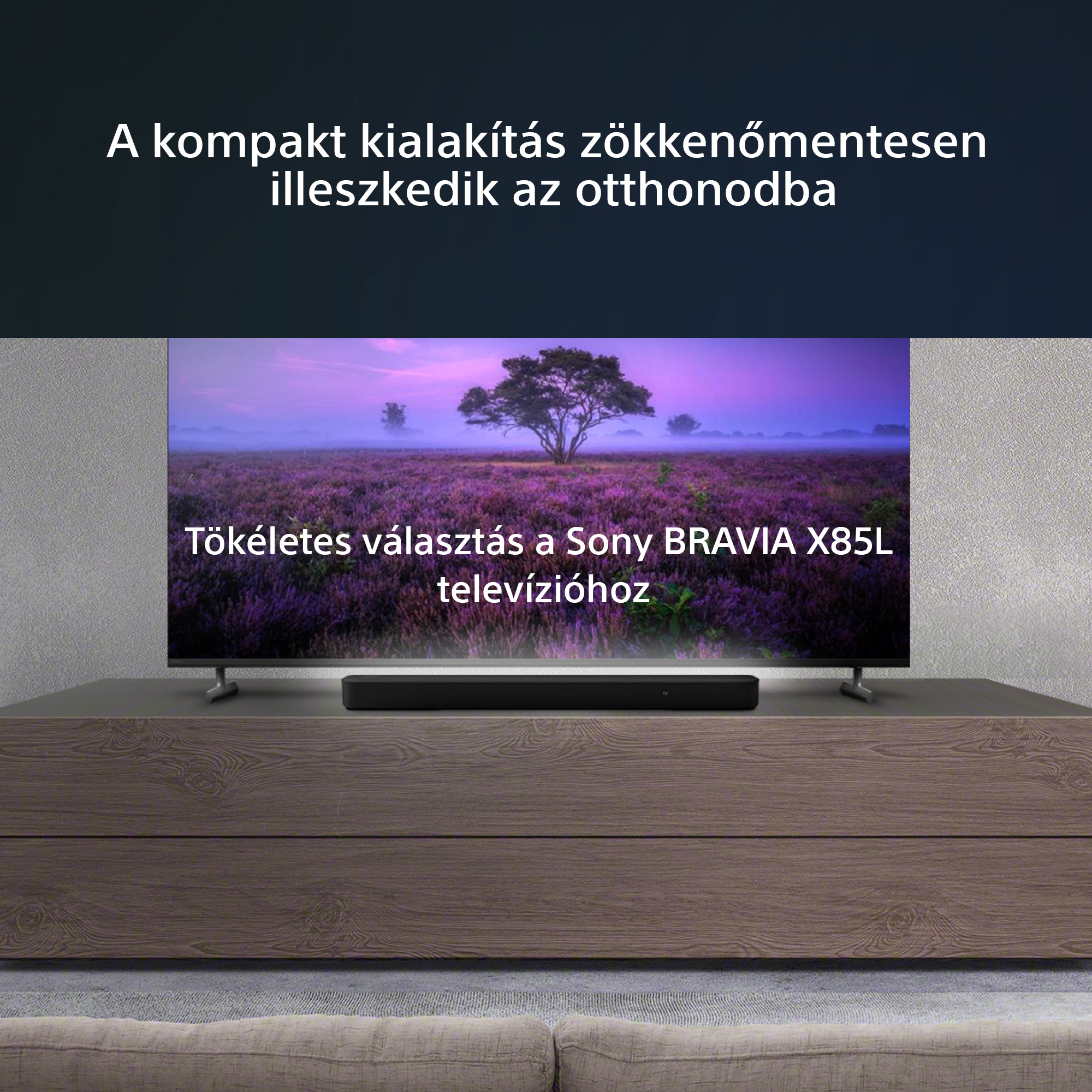TV egy fa szekrényen. A TV egy tájat jelenít meg fával és lila éggel.