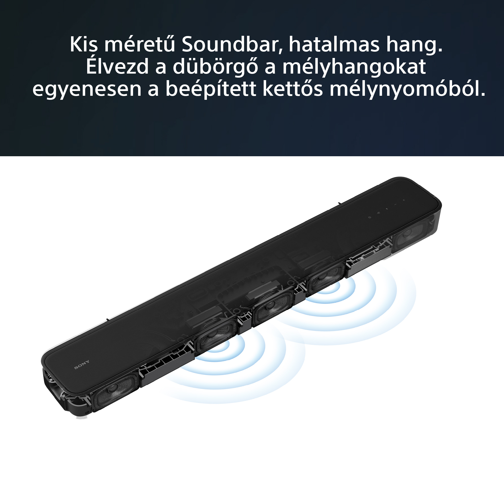 Fekete soundbar látható belső alkatrészekkel, hanghullámokat bocsát ki.