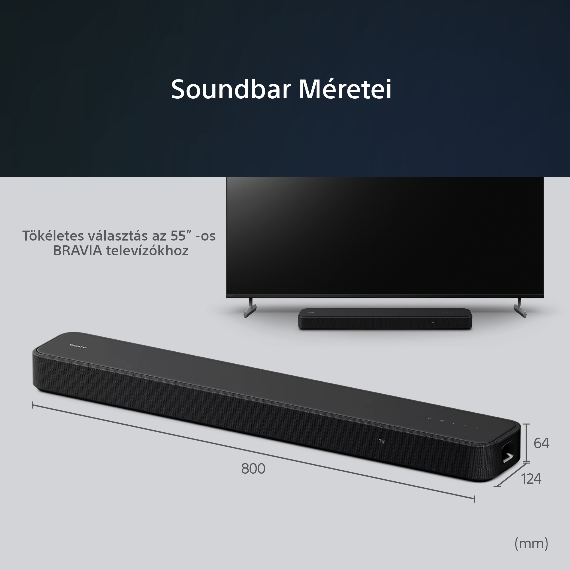 Fekete soundbar méretekkel, a TV előtt.