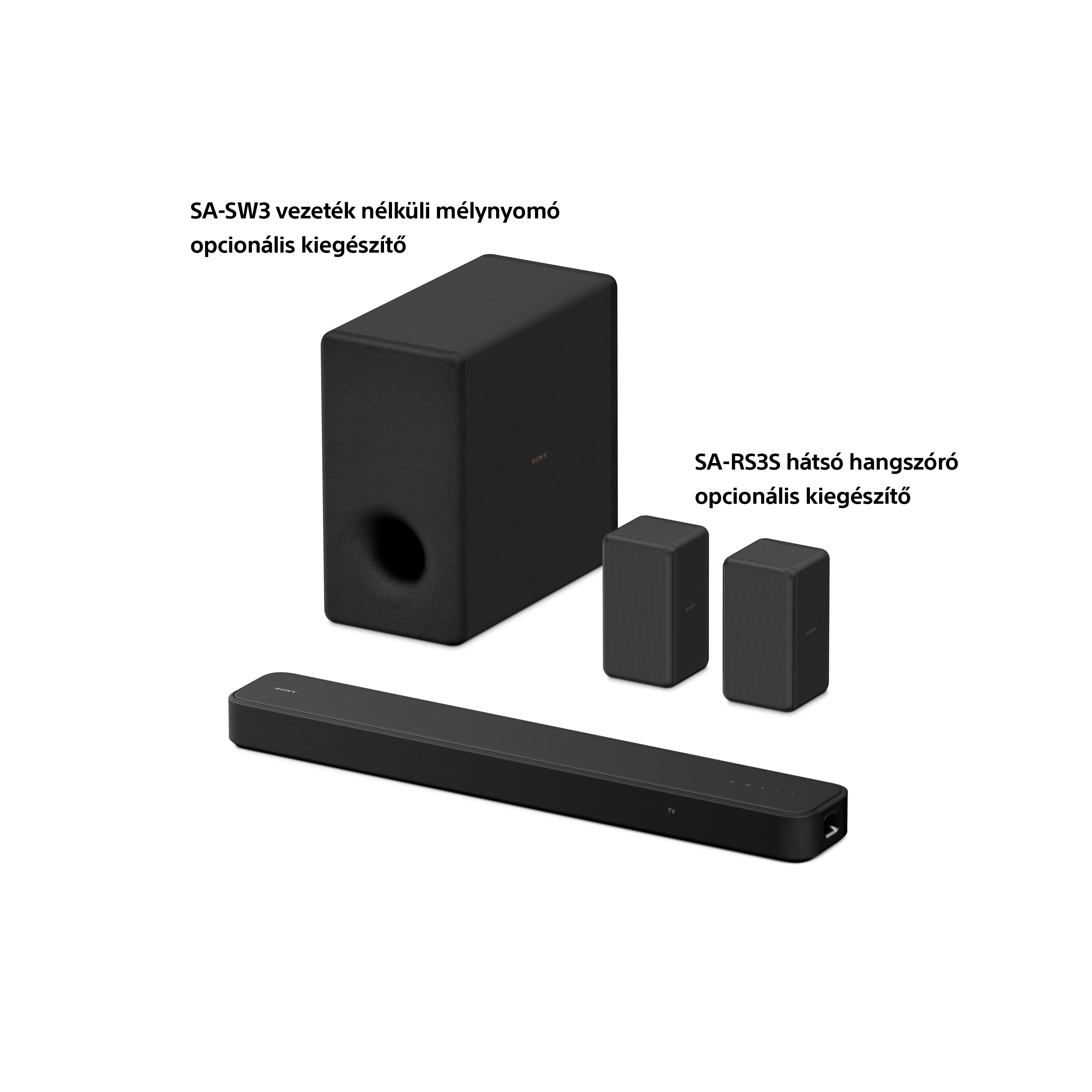 Fekete Sony hangrendszer: mélynyomó, soundbar és két hangszóró.