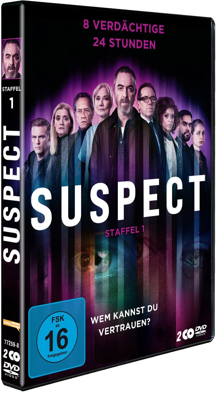 DVD-Hülle für Suspect: Staffel 1. Bild von Schauspielern auf der Vorderseite. Schwarze Hülle.