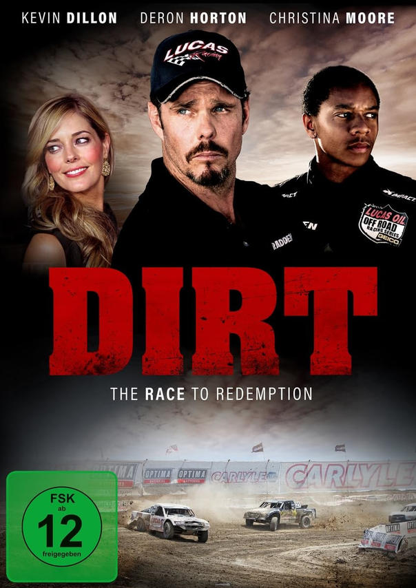 Filmposter für 'Dirt: The Race to Redemption'. Zeigt Schauspieler und Rennwagen auf der Strecke.