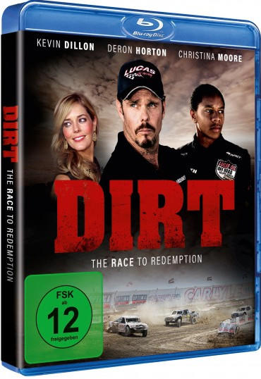 Eine Blu-ray-Filmhülle mit dem Film 'Dirt: The Race to Redemption'. Zeigt Schauspieler und Rennwagen auf dem Cover.