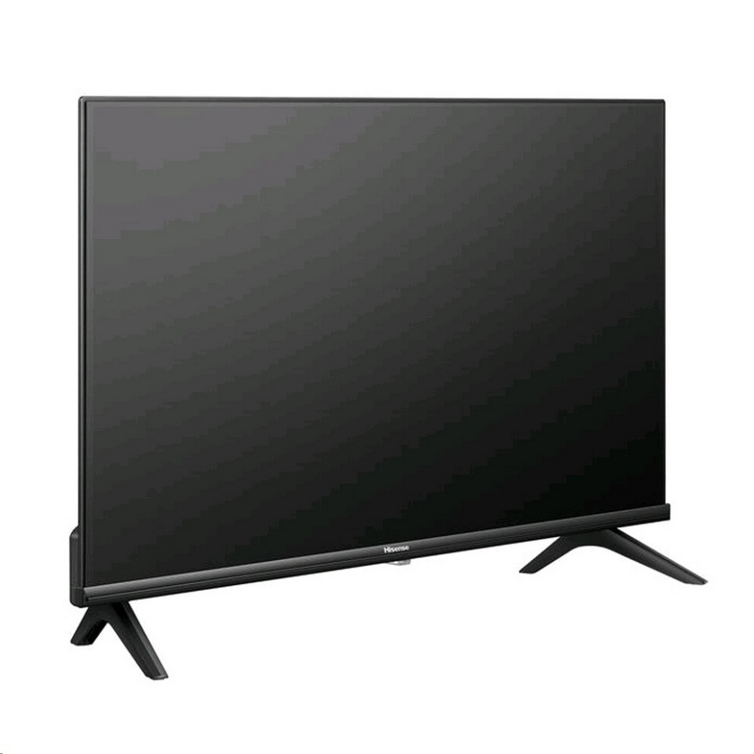 TV Hisense noir sur deux pieds noirs. L'écran est sombre, logo Hisense en bas.