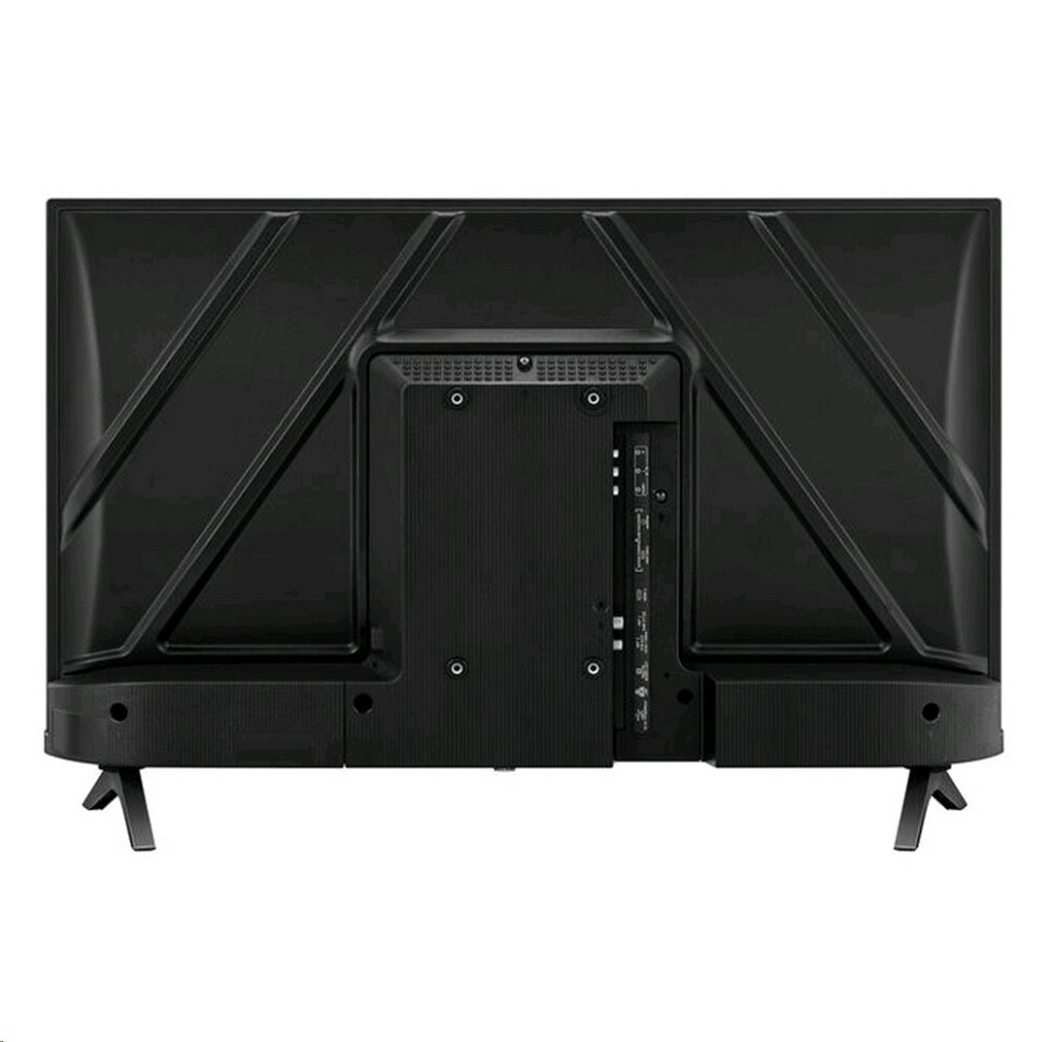 Arrière d'un téléviseur noir avec ports et support, sur fond blanc.