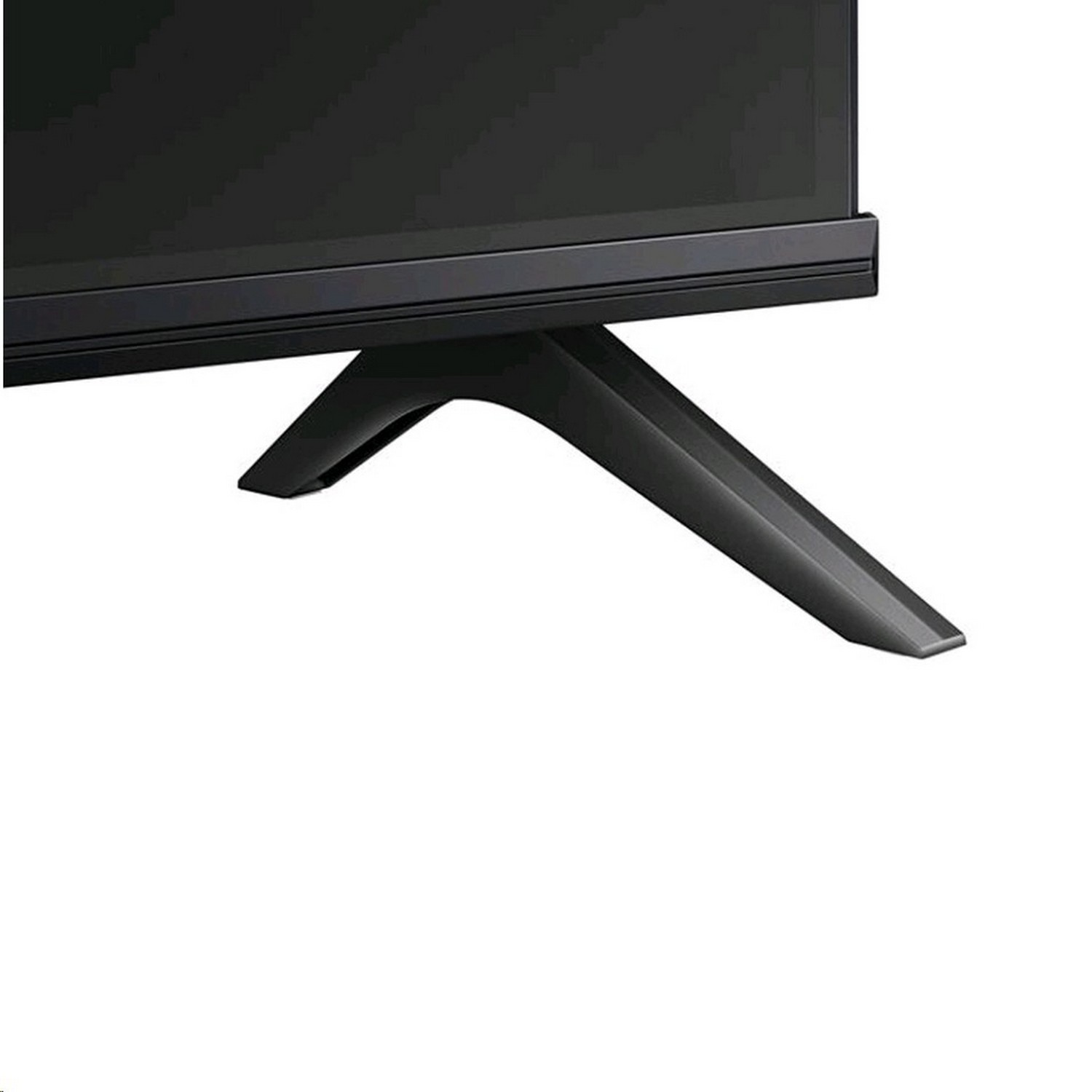 Gros plan d'un pied de support de télévision noir, angulaire et de design minimaliste.