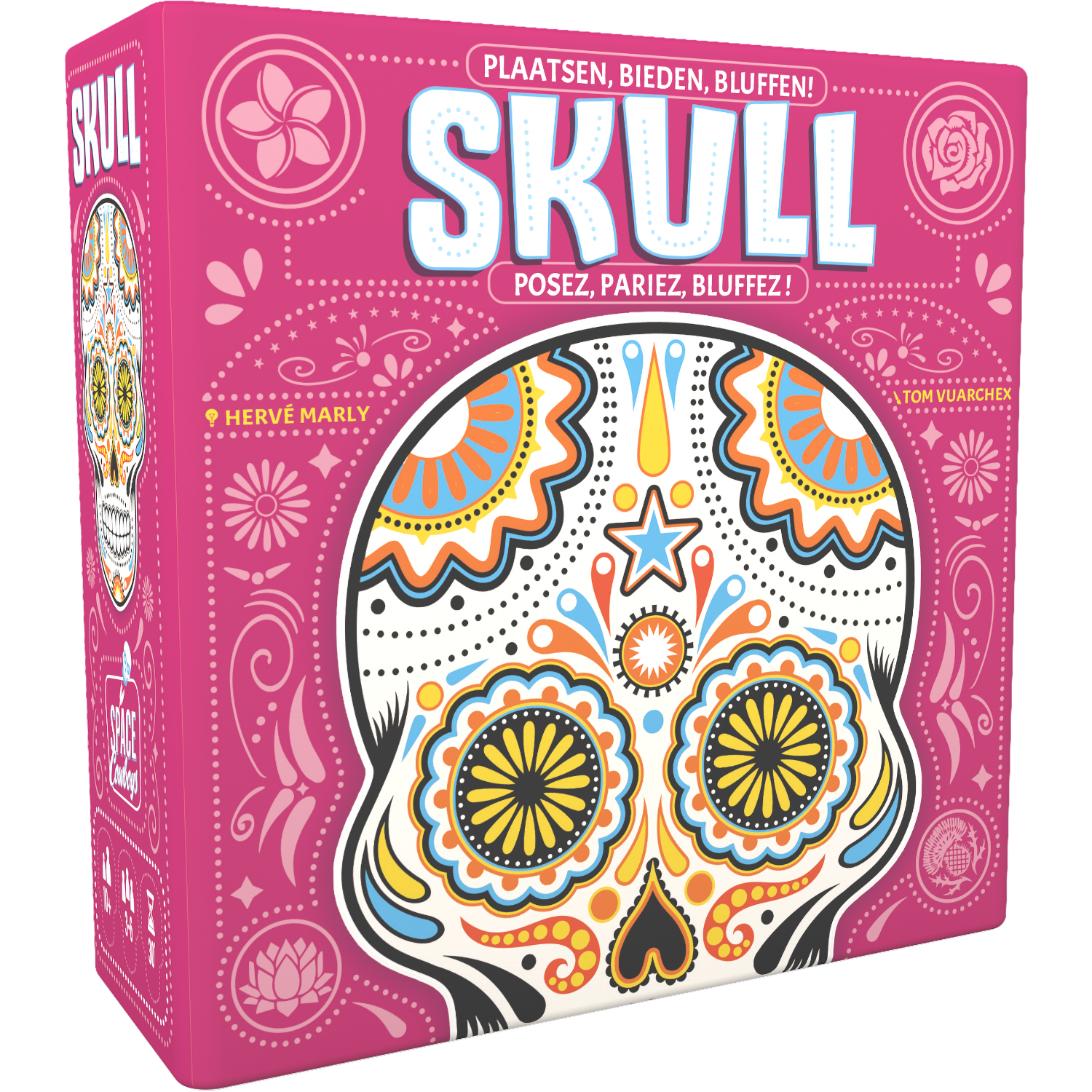 Roze Skull-speldoos met een kleurrijk schedelontwerp en de woorden 'SKULL', 'POSEZ, PARIEZ, BLUFFEZ!'.