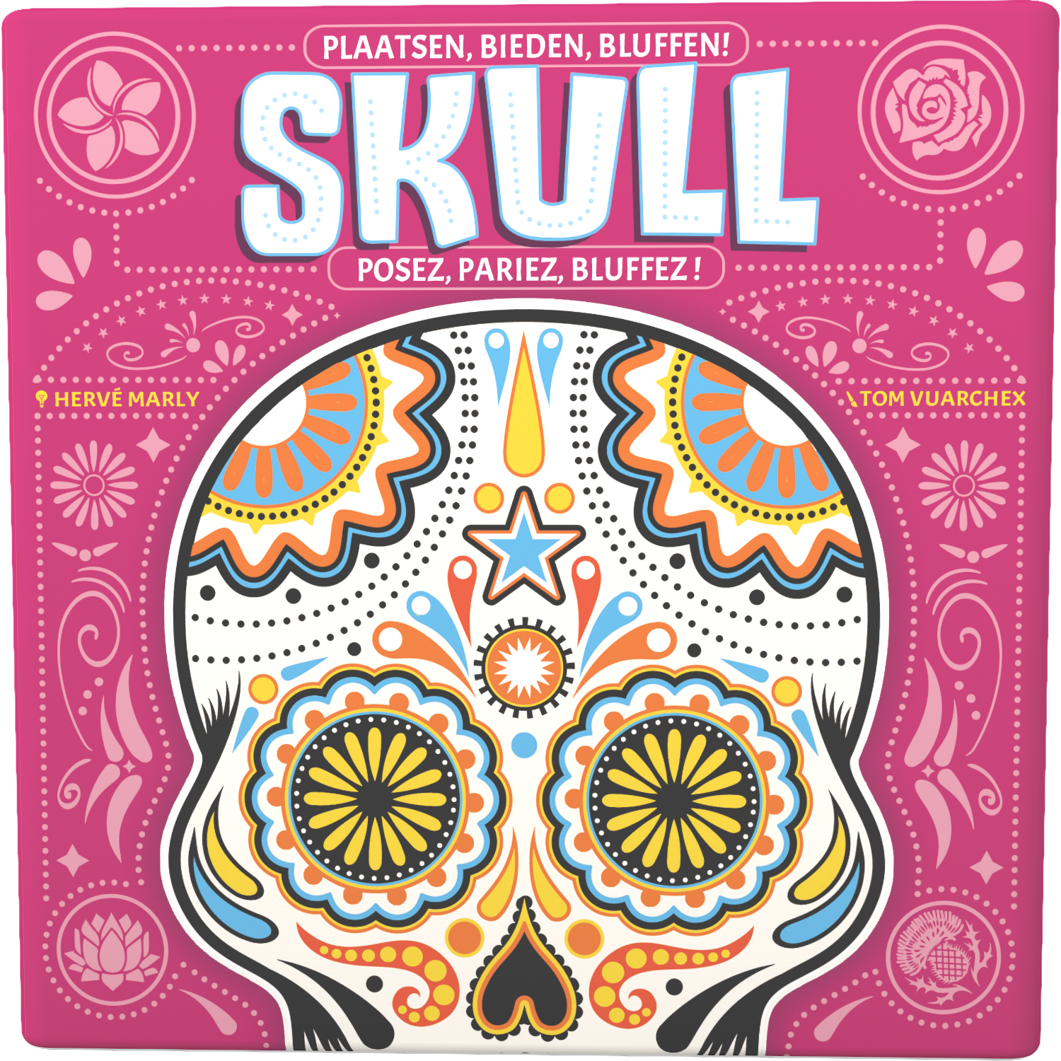 Skull-speldoos met een roze achtergrond en kleurrijke schedelillustratie.