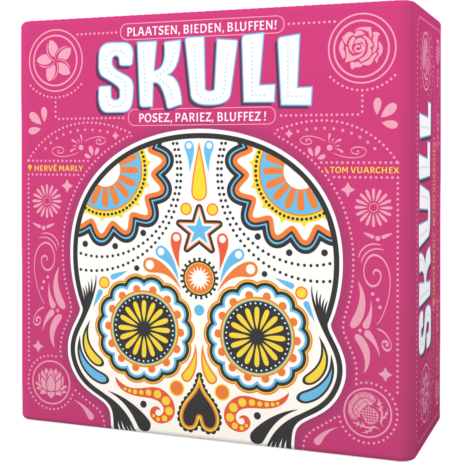 Roze Skull bordspeldoos met schedelkunst, tekst. Boven staat 'Plaatsen, Bieden, Bluffen!' en 'Posez, pariez, bluffez!'