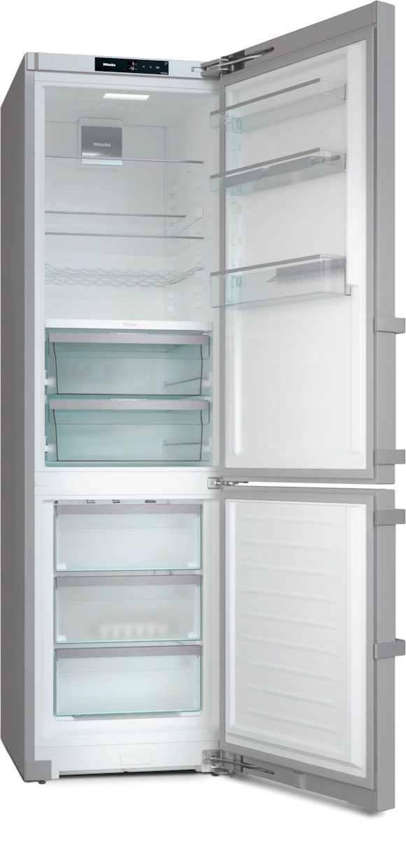 Kühlschrank-Innenraum mit geöffneten Türen, Regale und Schubladen zeigend.