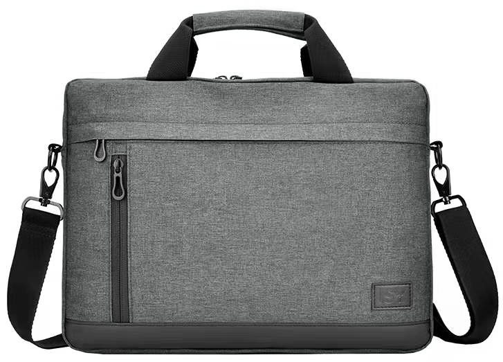 Graue Laptoptasche mit schwarzem Besatz. Hat einen Schultergurt und einen Griff.