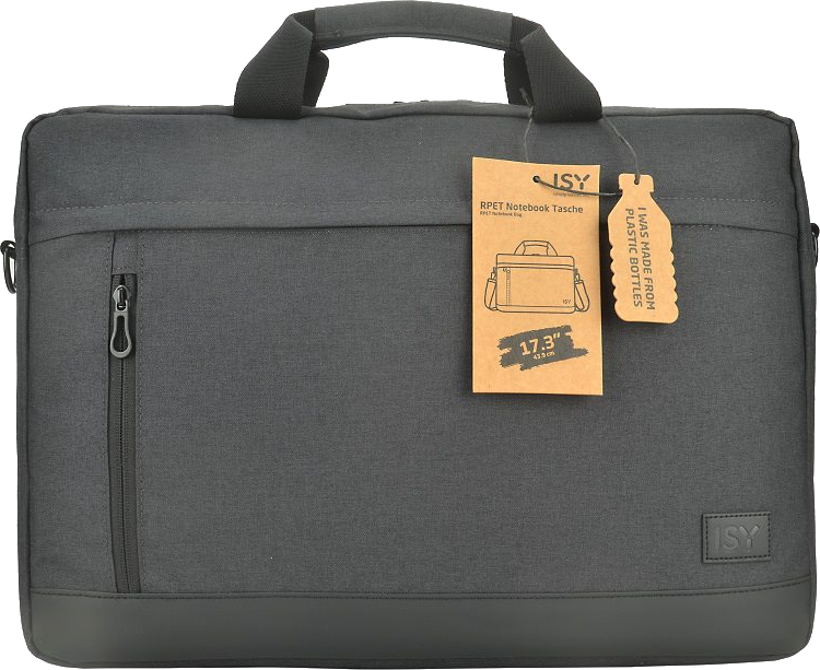 Dunkelgraue Laptoptasche mit Anhänger. Die Tasche ist rechteckig mit Reißverschluss und Griff.