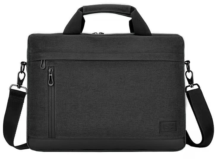 Schwarze Laptoptasche mit Henkel, Schultergurt, Reißverschluss und Logo.