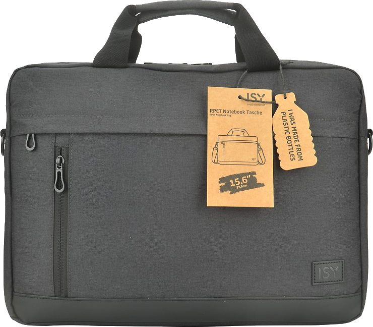 Graue Laptoptasche mit Griff, Anhänger mit der Aufschrift aus Plastikflaschen hergestellt.