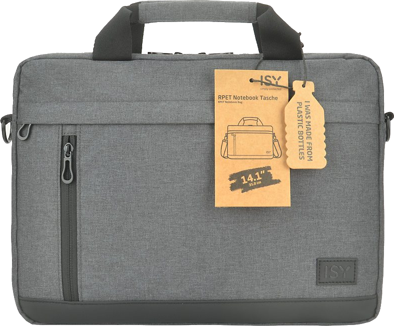 Graue Laptoptasche mit Etikett 'I WAS MADE FROM PLASTIC BOTTLES'.