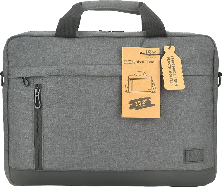 Graue ISY Laptoptasche, mit Reißverschlusstasche und Anhänger 'I was made from plastic bottles'.